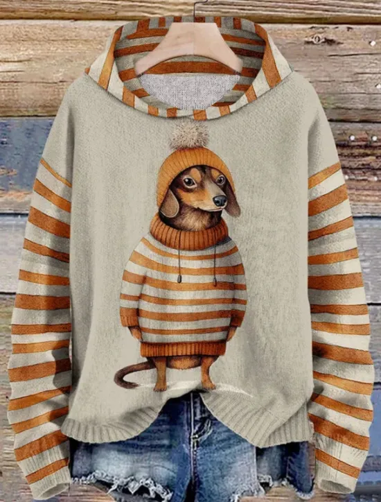 Women's Pullover Hoodie Sweatshirt Dog Striped Casual Long Sleeve Hooded Regular Tops Street Dailywear Black Red Blue Orange Green Fall Winter Women Hoodies & Sweatshirts