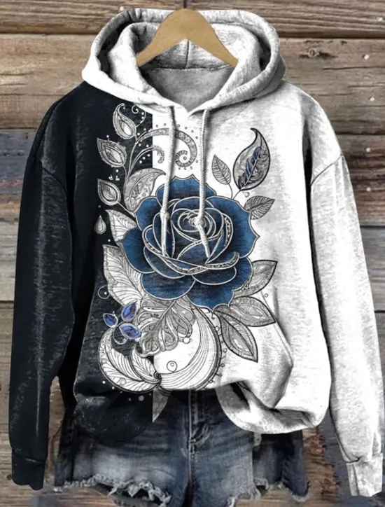 New Women's Pullover Hoodie Sweatshirt Floral Warm Vintage Western Long Sleeve Hooded Regular Tops Street Dailywear Vacation Wear Print Black White Pink Orange Brown Fall Winter Women Hoodies & Sweatshirts