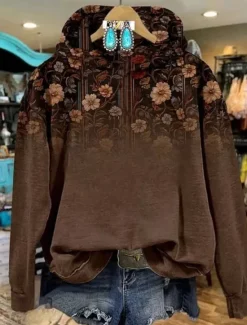 New Women's Pullover Hoodie Sweatshirt Floral Warm Vintage Western Long Sleeve Hooded Regular Tops Street Dailywear Vacation Wear Print Black White Pink Orange Brown Fall Winter Women Hoodies & Sweatshirts