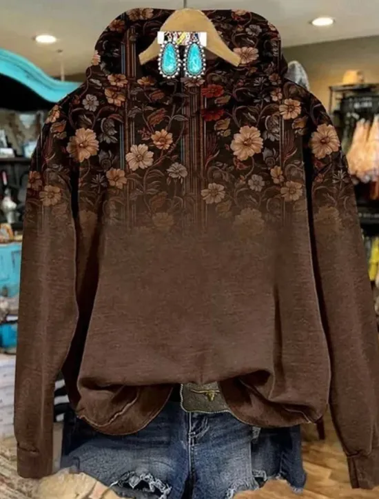 New Women's Pullover Hoodie Sweatshirt Floral Warm Vintage Western Long Sleeve Hooded Regular Tops Street Dailywear Vacation Wear Print Black White Pink Orange Brown Fall Winter Women Hoodies & Sweatshirts
