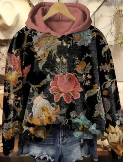 New Women's Pullover Hoodie Sweatshirt Floral Warm Vintage Western Long Sleeve Hooded Regular Tops Street Dailywear Vacation Wear Print Black White Pink Orange Brown Fall Winter Women Hoodies & Sweatshirts