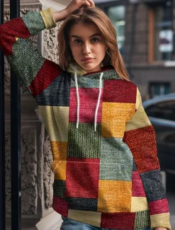 Sale Women's Pullover Hoodie Sweatshirt Graphic Geometric Color Block Fashion Casual Print Long Sleeve Hooded Regular Tops Street Dailywear Drawstring Patchwork Print Fall Winter Women Hoodies & Sweatshirts