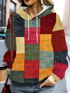 Sale Women's Pullover Hoodie Sweatshirt Graphic Geometric Color Block Fashion Casual Print Long Sleeve Hooded Regular Tops Street Dailywear Drawstring Patchwork Print Fall Winter Women Hoodies & Sweatshirts