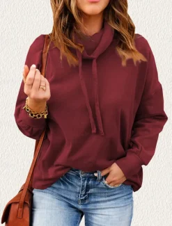 Best Women's Pullover Hoodie Sweatshirt Plain Sports Casual Long Sleeve Hooded Regular Tops Patchwork Black Red Brown Spring Fall Winter Women Hoodies & Sweatshirts