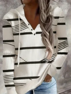 Best Women's Pullover Hoodie Sweatshirt Graphic Striped Casual Long Sleeve Hooded Regular Tops Street Dailywear Black White Fall Winter Women Hoodies & Sweatshirts