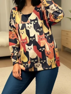 Women's Pullover Sweater Jumper Casual Animal V Neck V Neck Digital print Long Sleeve Regular Tops Knit Daily Fall Winter Women Pullovers & Tops