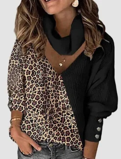 Outlet Women's Pullover Sweater Jumper Stylish Casual Leopard Color Block Maillard Ribbed Turtleneck V Neck Buttons Thin Hole Drop Shoulder Long Sleeve Knit Daily Going out White Khaki Fall Winter Women Pullovers & Tops