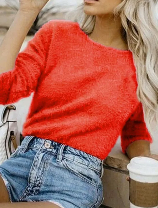 New Women's Pullover Sweater Jumper Stylish Casual Soft Pure Color Fuzzy Crew Neck Oversized Long Sleeve Regular Tops Knit Going out Weekend Black White Fall Winter Women Pullovers & Tops