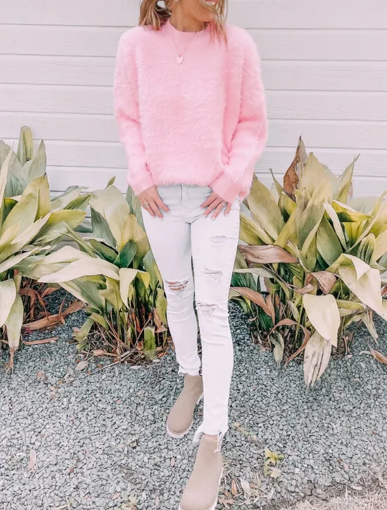 New Women's Pullover Sweater Jumper Stylish Casual Soft Pure Color Fuzzy Crew Neck Oversized Long Sleeve Regular Tops Knit Going out Weekend Black White Fall Winter Women Pullovers & Tops