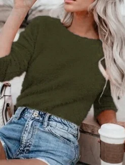 New Women's Pullover Sweater Jumper Stylish Casual Soft Pure Color Fuzzy Crew Neck Oversized Long Sleeve Regular Tops Knit Going out Weekend Black White Fall Winter Women Pullovers & Tops