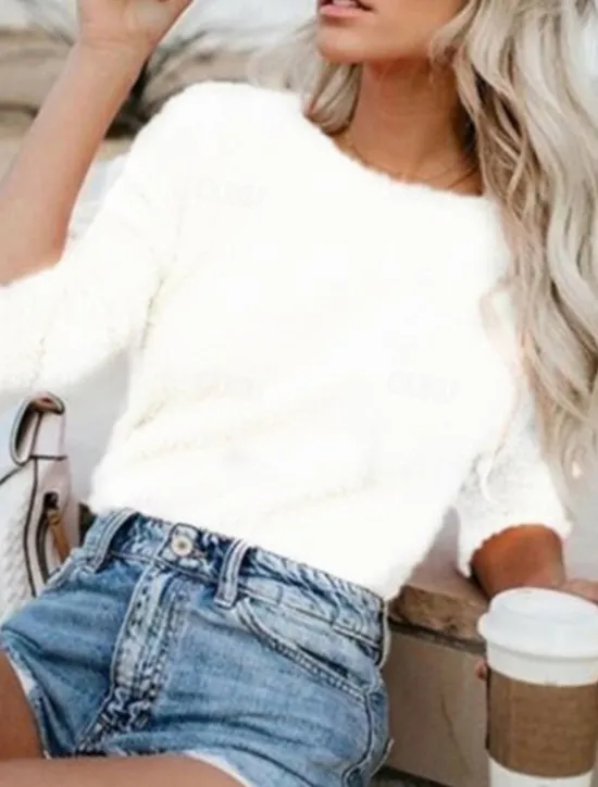 New Women's Pullover Sweater Jumper Stylish Casual Soft Pure Color Fuzzy Crew Neck Oversized Long Sleeve Regular Tops Knit Going out Weekend Black White Fall Winter Women Pullovers & Tops