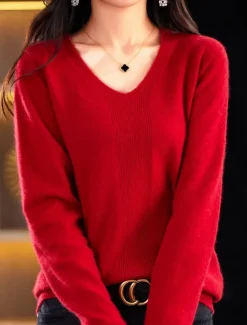 Discount Women's Pullover Sweater Jumper Fashion Casual Soft Solid Color Ribbed V Neck Knitted Long Sleeve Regular Tops Knit Outdoor Daily Going out Forest Green Cherry Red Fall Winter Women Pullovers & Tops