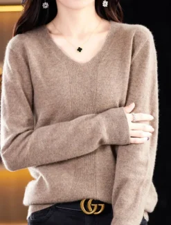 Discount Women's Pullover Sweater Jumper Fashion Casual Soft Solid Color Ribbed V Neck Knitted Long Sleeve Regular Tops Knit Outdoor Daily Going out Forest Green Cherry Red Fall Winter Women Pullovers & Tops