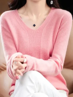 Discount Women's Pullover Sweater Jumper Fashion Casual Soft Solid Color Ribbed V Neck Knitted Long Sleeve Regular Tops Knit Outdoor Daily Going out Forest Green Cherry Red Fall Winter Women Pullovers & Tops
