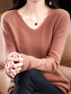 Discount Women's Pullover Sweater Jumper Fashion Casual Soft Solid Color Ribbed V Neck Knitted Long Sleeve Regular Tops Knit Outdoor Daily Going out Forest Green Cherry Red Fall Winter Women Pullovers & Tops
