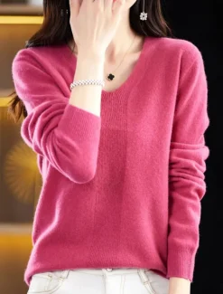 Discount Women's Pullover Sweater Jumper Fashion Casual Soft Solid Color Ribbed V Neck Knitted Long Sleeve Regular Tops Knit Outdoor Daily Going out Forest Green Cherry Red Fall Winter Women Pullovers & Tops