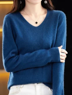 Discount Women's Pullover Sweater Jumper Fashion Casual Soft Solid Color Ribbed V Neck Knitted Long Sleeve Regular Tops Knit Outdoor Daily Going out Forest Green Cherry Red Fall Winter Women Pullovers & Tops