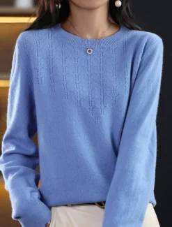 Online Women's Pullover Sweater Jumper Fashion Streetwear Casual Solid Color Ribbed Crew Neck Knitted Long Sleeve Regular Tops Knit Outdoor Home Daily Cherry Red Shrimp Pink Fall Winter Women Pullovers & Tops