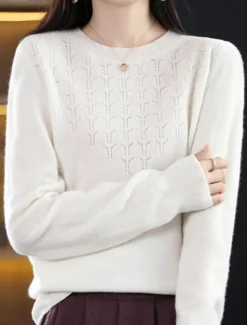 Online Women's Pullover Sweater Jumper Fashion Streetwear Casual Solid Color Ribbed Crew Neck Knitted Long Sleeve Regular Tops Knit Outdoor Home Daily Cherry Red Shrimp Pink Fall Winter Women Pullovers & Tops