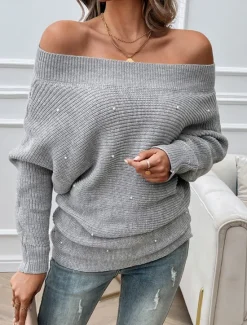 Outlet Women's Pullover Sweater Jumper Fashion Casual Solid Color Chunky Off Shoulder Beads Drop Shoulder Long Sleeve Regular Tops Knit Daily Khaki Gray Spring Fall Women Pullovers & Tops
