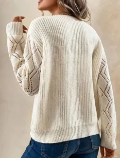 Best Women's Pullover Sweater Jumper Elegant Solid Color Ribbed V Neck Lace Long Sleeve Regular Tops Knit Daily Black White Spring Fall Women Pullovers & Tops