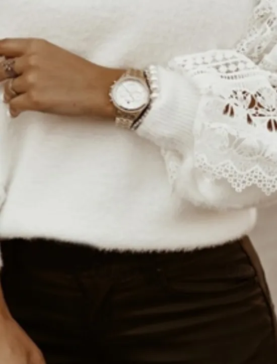 Outlet Women's Pullover Sweater Jumper Casual Solid Color Floral Crochet Crew Neck Lace Trims Long Sleeve Cropped Knit Daily Holiday Fall Winter Women Pullovers & Tops