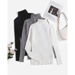 Online Women's Pullover Sweater Jumper Basic Casual Solid Color Ribbed Turtleneck Knitted Thin Long Sleeve Knit Daily Black+White+Gray Black+Apricot+Brown Fall Winter Women Pullovers & Tops