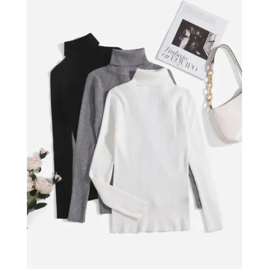 Online Women's Pullover Sweater Jumper Basic Casual Solid Color Ribbed Turtleneck Knitted Thin Long Sleeve Knit Daily Black+White+Gray Black+Apricot+Brown Fall Winter Women Pullovers & Tops