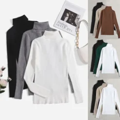Online Women's Pullover Sweater Jumper Basic Casual Solid Color Ribbed Turtleneck Knitted Thin Long Sleeve Knit Daily Black+White+Gray Black+Apricot+Brown Fall Winter Women Pullovers & Tops