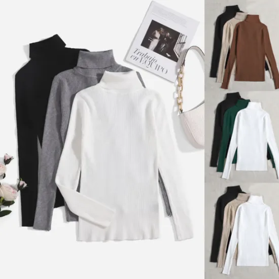 Online Women's Pullover Sweater Jumper Basic Casual Solid Color Ribbed Turtleneck Knitted Thin Long Sleeve Knit Daily Black+White+Gray Black+Apricot+Brown Fall Winter Women Pullovers & Tops