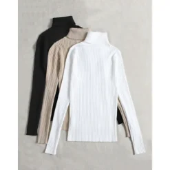 Online Women's Pullover Sweater Jumper Basic Casual Solid Color Ribbed Turtleneck Knitted Thin Long Sleeve Knit Daily Black+White+Gray Black+Apricot+Brown Fall Winter Women Pullovers & Tops