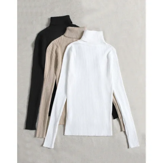 Online Women's Pullover Sweater Jumper Basic Casual Solid Color Ribbed Turtleneck Knitted Thin Long Sleeve Knit Daily Black+White+Gray Black+Apricot+Brown Fall Winter Women Pullovers & Tops
