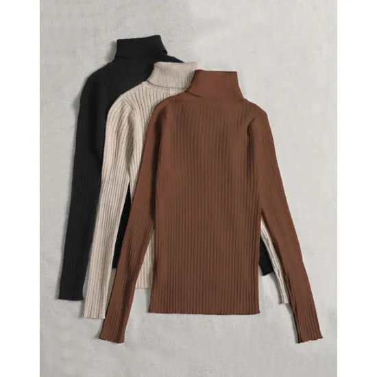 Online Women's Pullover Sweater Jumper Basic Casual Solid Color Ribbed Turtleneck Knitted Thin Long Sleeve Knit Daily Black+White+Gray Black+Apricot+Brown Fall Winter Women Pullovers & Tops