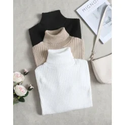 Online Women's Pullover Sweater Jumper Basic Casual Solid Color Ribbed Turtleneck Knitted Thin Long Sleeve Knit Daily Black+White+Gray Black+Apricot+Brown Fall Winter Women Pullovers & Tops