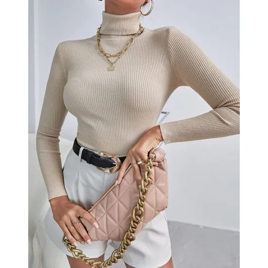 Online Women's Pullover Sweater Jumper Basic Casual Solid Color Ribbed Turtleneck Knitted Thin Long Sleeve Knit Daily Black+White+Gray Black+Apricot+Brown Fall Winter Women Pullovers & Tops