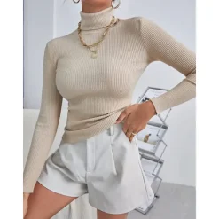 Online Women's Pullover Sweater Jumper Basic Casual Solid Color Ribbed Turtleneck Knitted Thin Long Sleeve Knit Daily Black+White+Gray Black+Apricot+Brown Fall Winter Women Pullovers & Tops