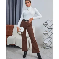 Online Women's Pullover Sweater Jumper Basic Casual Solid Color Ribbed Turtleneck Knitted Thin Long Sleeve Knit Daily Black+White+Gray Black+Apricot+Brown Fall Winter Women Pullovers & Tops