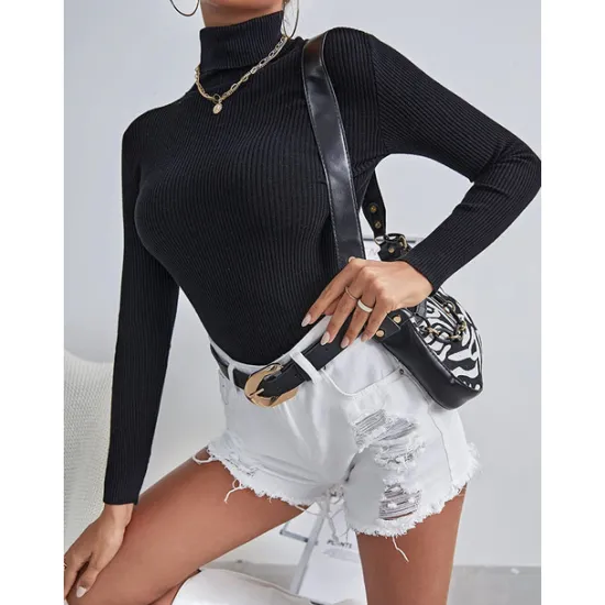 Online Women's Pullover Sweater Jumper Basic Casual Solid Color Ribbed Turtleneck Knitted Thin Long Sleeve Knit Daily Black+White+Gray Black+Apricot+Brown Fall Winter Women Pullovers & Tops