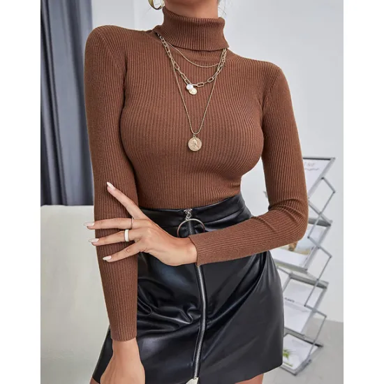 Online Women's Pullover Sweater Jumper Basic Casual Solid Color Ribbed Turtleneck Knitted Thin Long Sleeve Knit Daily Black+White+Gray Black+Apricot+Brown Fall Winter Women Pullovers & Tops