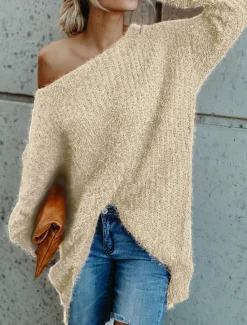 Discount Women's Pullover Sweater Jumper Stylish Casual Soft Solid Color Ribbed One Shoulder Cold Shoulder Long Sleeve Short Knit Daily Going out Weekend Pink Navy Blue Fall Winter Women Pullovers & Tops