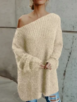Discount Women's Pullover Sweater Jumper Stylish Casual Soft Solid Color Ribbed One Shoulder Cold Shoulder Long Sleeve Short Knit Daily Going out Weekend Pink Navy Blue Fall Winter Women Pullovers & Tops