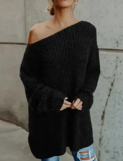 Discount Women's Pullover Sweater Jumper Stylish Casual Soft Solid Color Ribbed One Shoulder Cold Shoulder Long Sleeve Short Knit Daily Going out Weekend Pink Navy Blue Fall Winter Women Pullovers & Tops