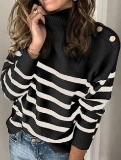 Sale Women's Pullover Sweater Jumper Basic Casual Striped Turtleneck Buttons Long Sleeve Knit Daily Going out Black Khaki Fall Winter Women Pullovers & Tops