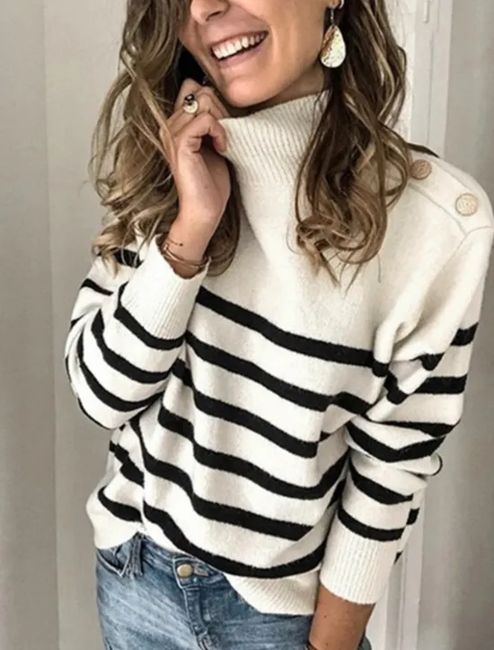 Sale Women's Pullover Sweater Jumper Basic Casual Striped Turtleneck Buttons Long Sleeve Knit Daily Going out Black Khaki Fall Winter Women Pullovers & Tops