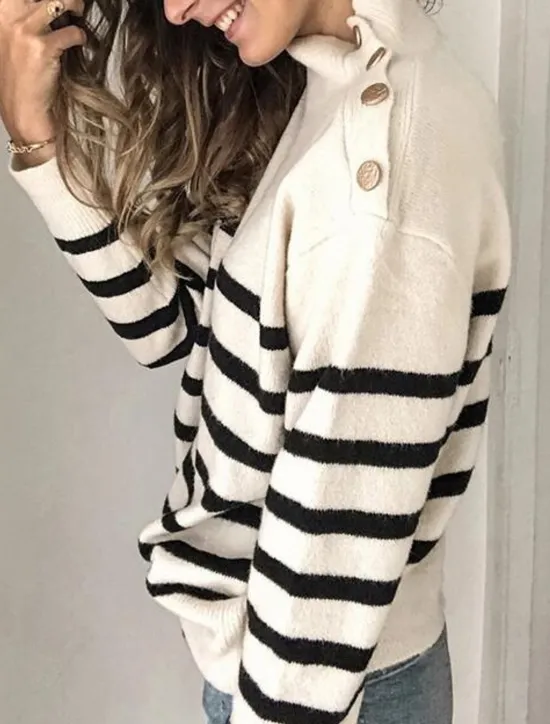 Sale Women's Pullover Sweater Jumper Basic Casual Striped Turtleneck Buttons Long Sleeve Knit Daily Going out Black Khaki Fall Winter Women Pullovers & Tops