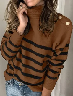 Sale Women's Pullover Sweater Jumper Basic Casual Striped Turtleneck Buttons Long Sleeve Knit Daily Going out Black Khaki Fall Winter Women Pullovers & Tops