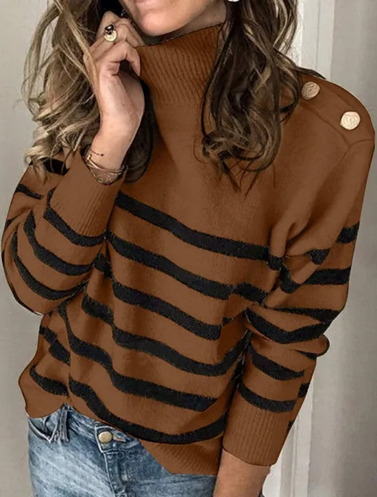 Sale Women's Pullover Sweater Jumper Basic Casual Striped Turtleneck Buttons Long Sleeve Knit Daily Going out Black Khaki Fall Winter Women Pullovers & Tops