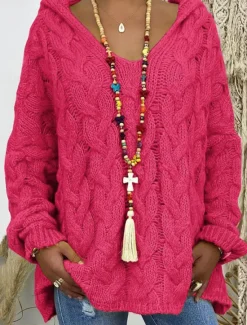 New Women's Pullover Sweater Jumper Hooded Cable Knit Oversized Fall Winter Daily Going out Weekend Stylish Casual Soft Long Sleeve Solid Color Black Pink Women Pullovers & Tops