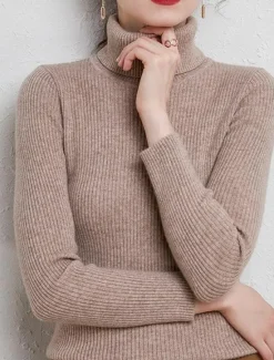 Best Women's Pullover Sweater Jumper Stylish Casual Soft Solid Color Ribbed Turtleneck Oversized Long Sleeve Knit Daily Holiday Going out Rust Red Pink purple Fall Winter Women Pullovers & Tops
