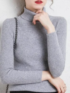 Best Women's Pullover Sweater Jumper Stylish Casual Soft Solid Color Ribbed Turtleneck Oversized Long Sleeve Knit Daily Holiday Going out Rust Red Pink purple Fall Winter Women Pullovers & Tops